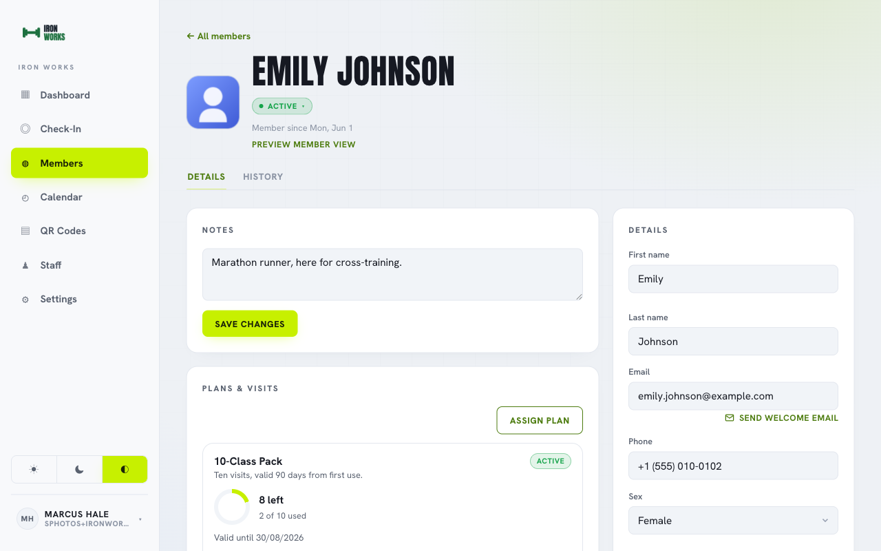 A member profile with a photo, email, and assigned plan