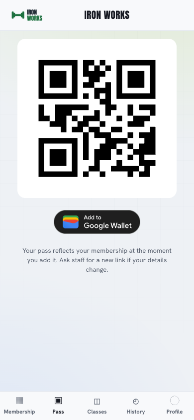 A member's QR pass in the member app
